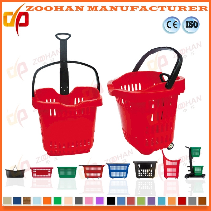 Plastic Portable Supermarket Rolling Shopping Wheel Basket (Zhb81)