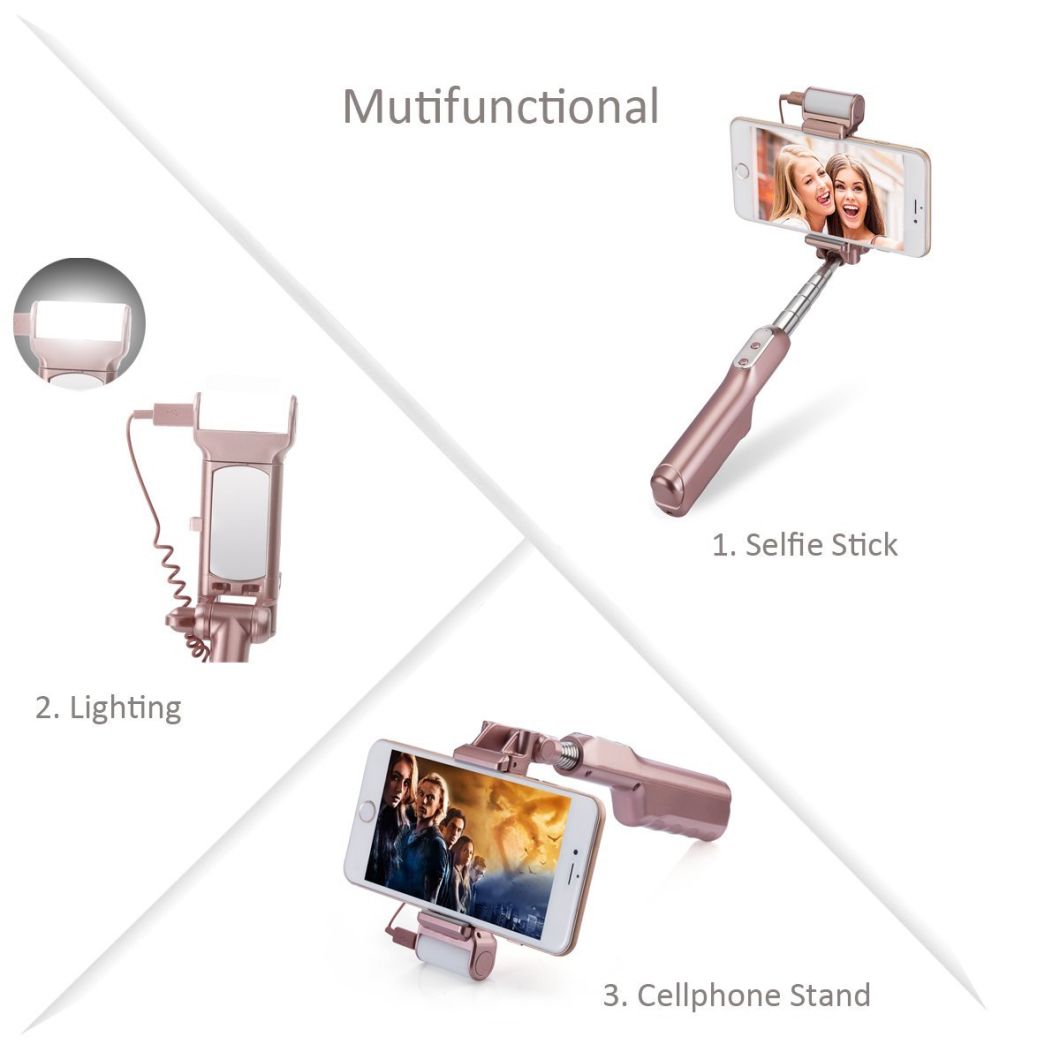 Bluetooth Selfie Stick with 360 Degree LED Fill Light and Mirror