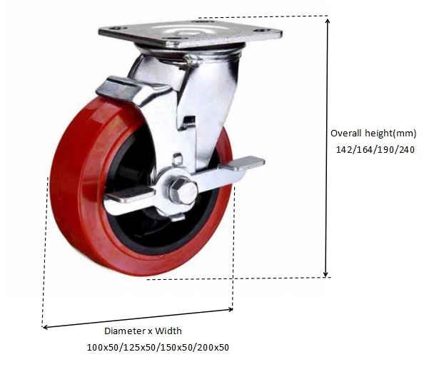 6X2 PU Caster with Side Brake Heavy Duty