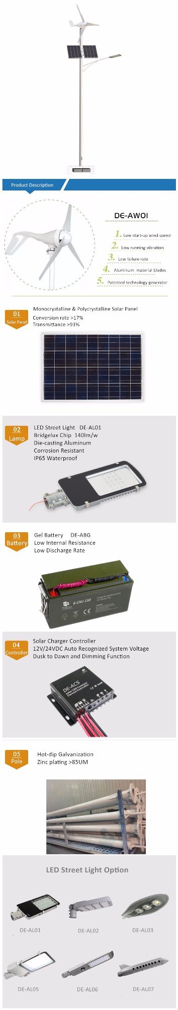 Manufacturer Ce/RoHS/FCC Turbine Blades Wind Solar Hybrid LED Street Light