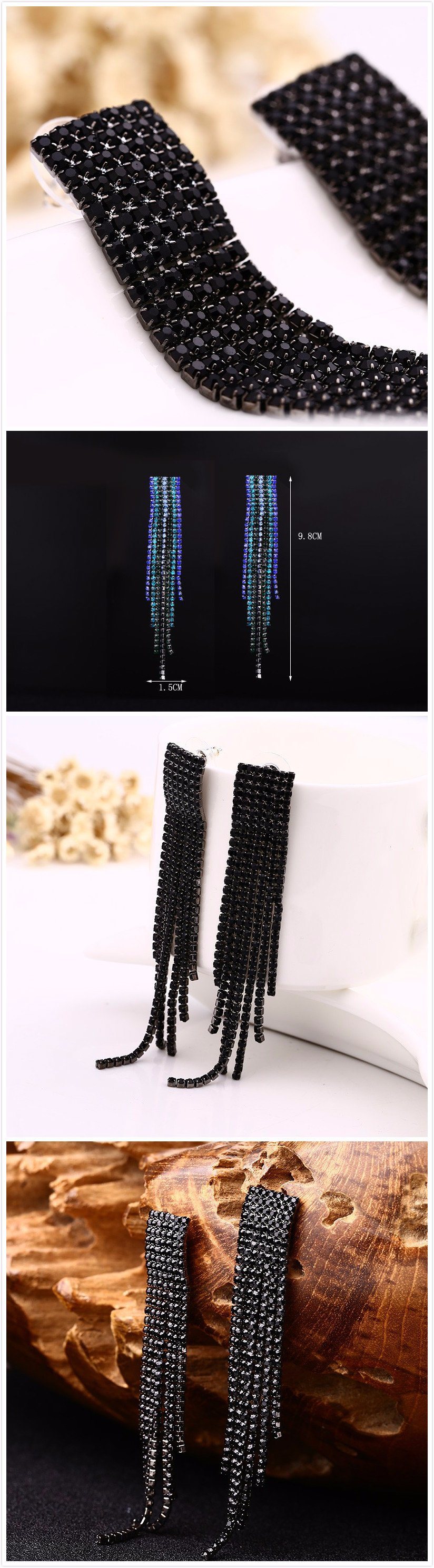 Black Full Rhinestone Vintage Tassel Earrings