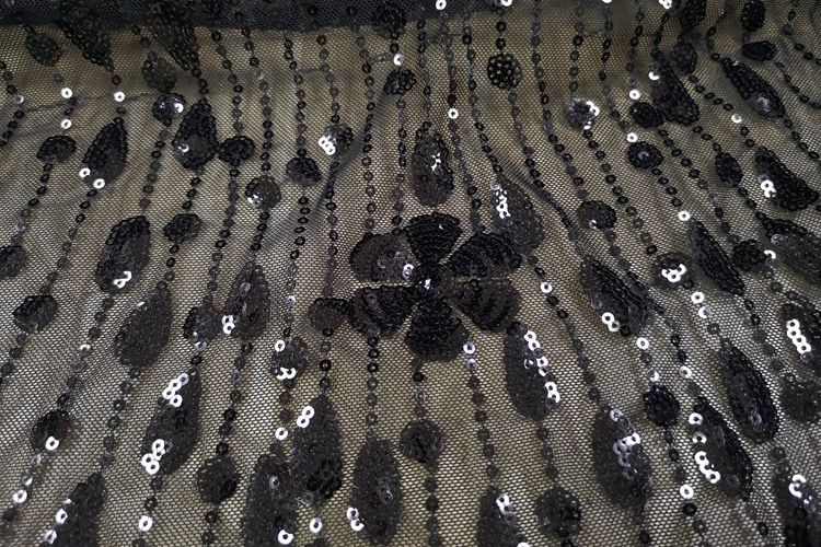 Tecidos bordados de lantejoulas pretas personalizadas e elegantes Fancy Sexy Custom Black Sequin Embroidered Fabrics