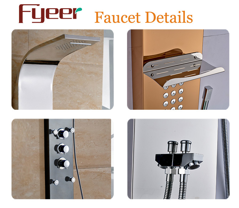 Fyeer Modern Wall Column Stainless Steel Thermostatic Shower Panel with Metal Shelf