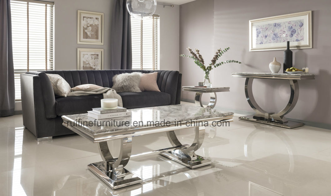 Modern Grey Marble Top Stainless Steel Chrome Arianna Console Table / Lamp Table / Coffee Table for Living Room