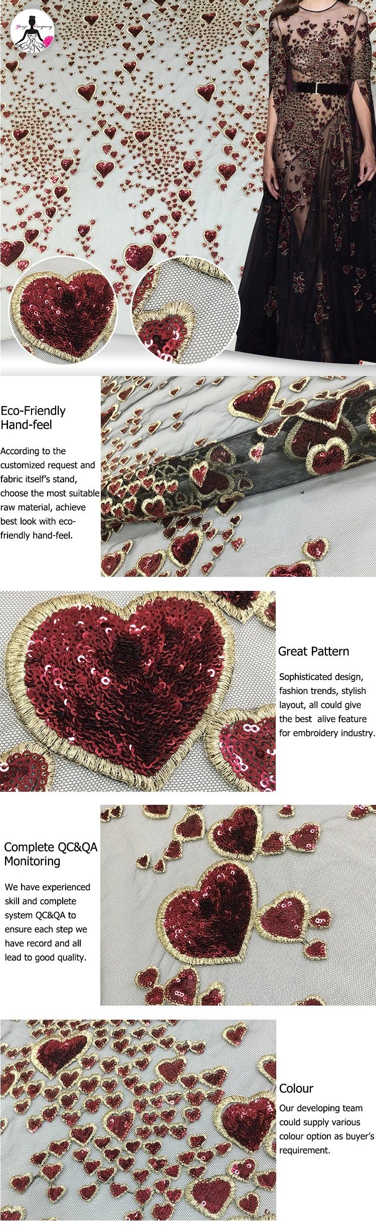 Red Heart Shaped Design Embroidery Sequin Embroidered Bridal Mesh Fabric
