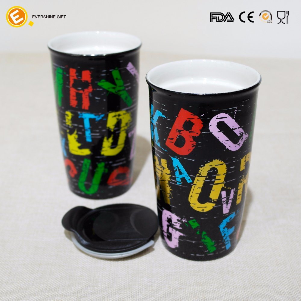 300ml Double Wall Ceramic Travel Mug with Lid Hot Sale in Low Price