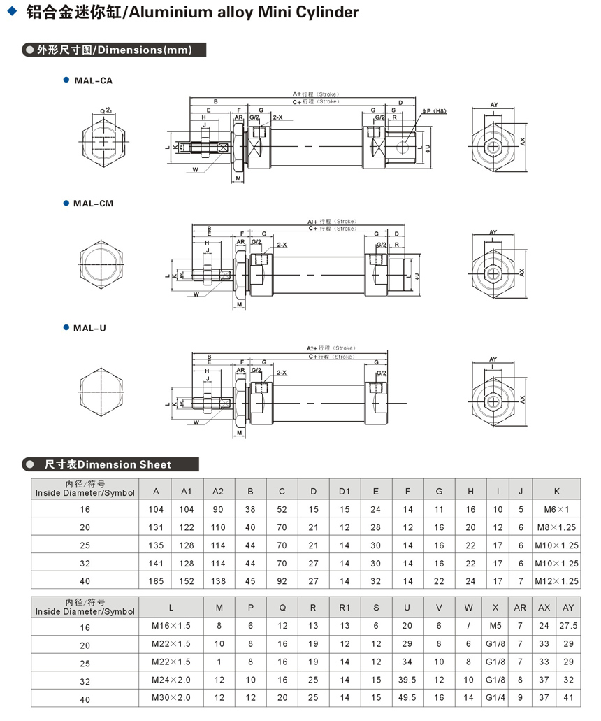 Mal Aluminium Alloy Mini Pneumatic Cylinders Bore32