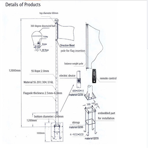 High Level Outdoor Stainless Steel Conical Electric Flag Pole