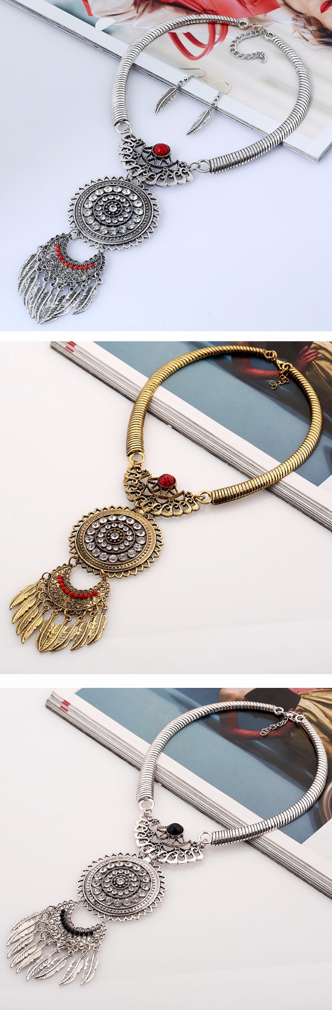 Long Retro Round Red Pearl Jewellery with Gold Leaf Necklace