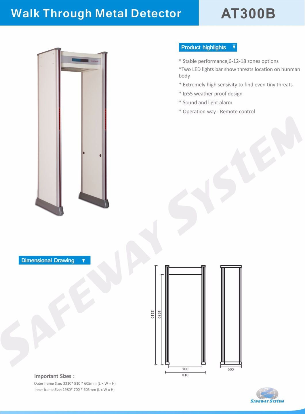 At300b Metal Detector Water-Proof Multi-Zone Walk Through Metal Detector Gate