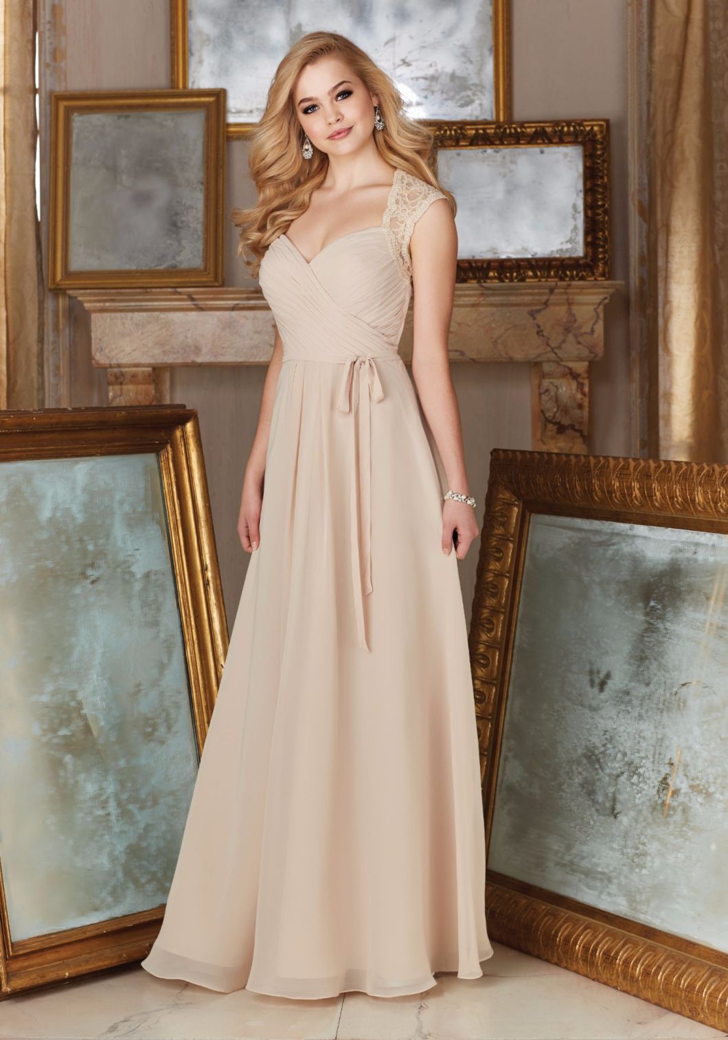 Champagne Lace Beading Chiffon A Line Floor Length Bridesmaid Dress