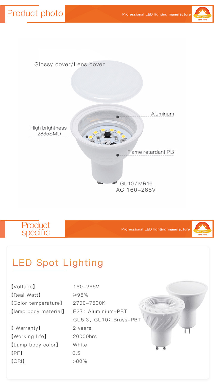 Factory Wholesale GU10 E27 MR16 LED Spot Lighting 5W 3000K