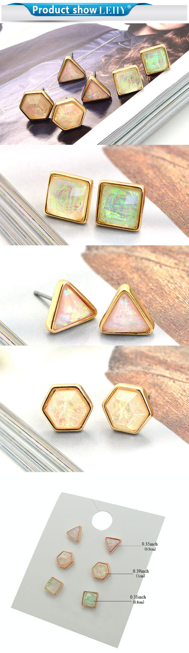 3 Pairs/Set Fashion Jewelry Gold-Tone Natural Stone Custom Stud Earrings