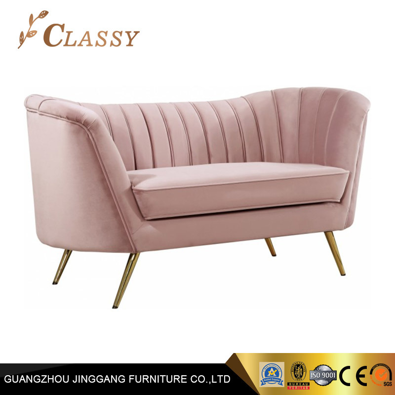 Home Furniture Pink Velvet Loveseat Gold Legs Restaurant Sofa