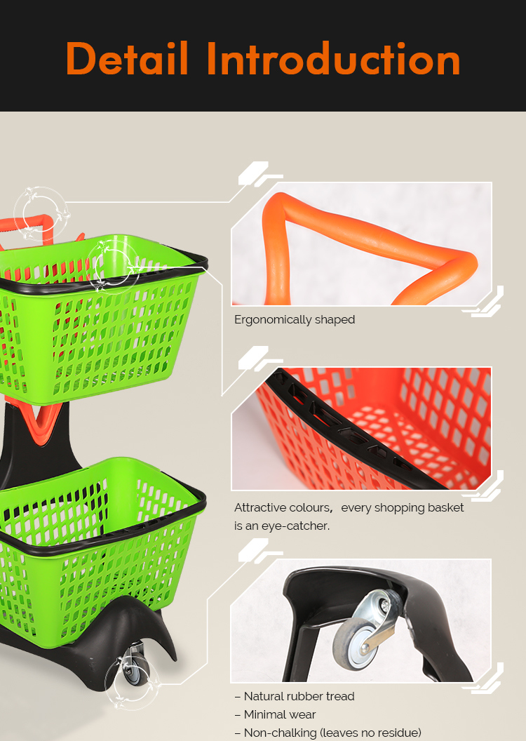 Pick-up 2 Tiers Plastic Double Baskets Shopping Trolley Cart