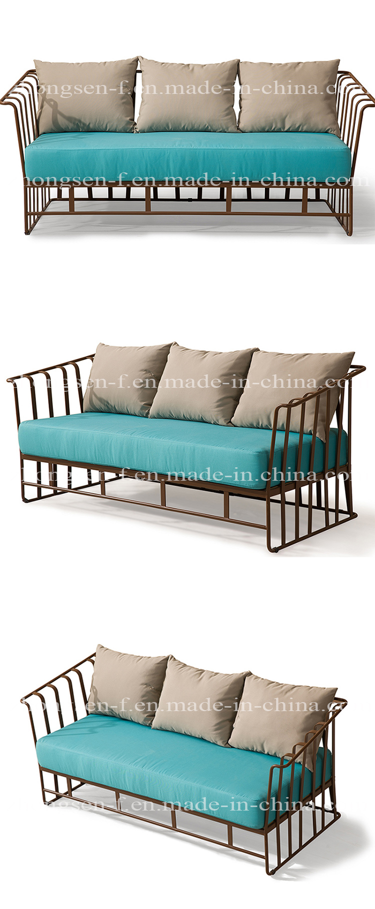 Modern Furniture Metal Armrest Sofa Leisure Sea Blue Fabric Sofa