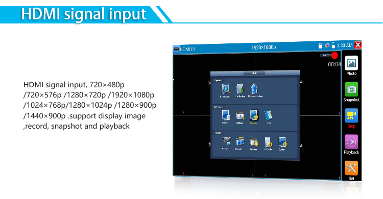 CCTV Tester Monitor 8MP H. 265 4K IP Tvi Ahd Cvi 7 Inch