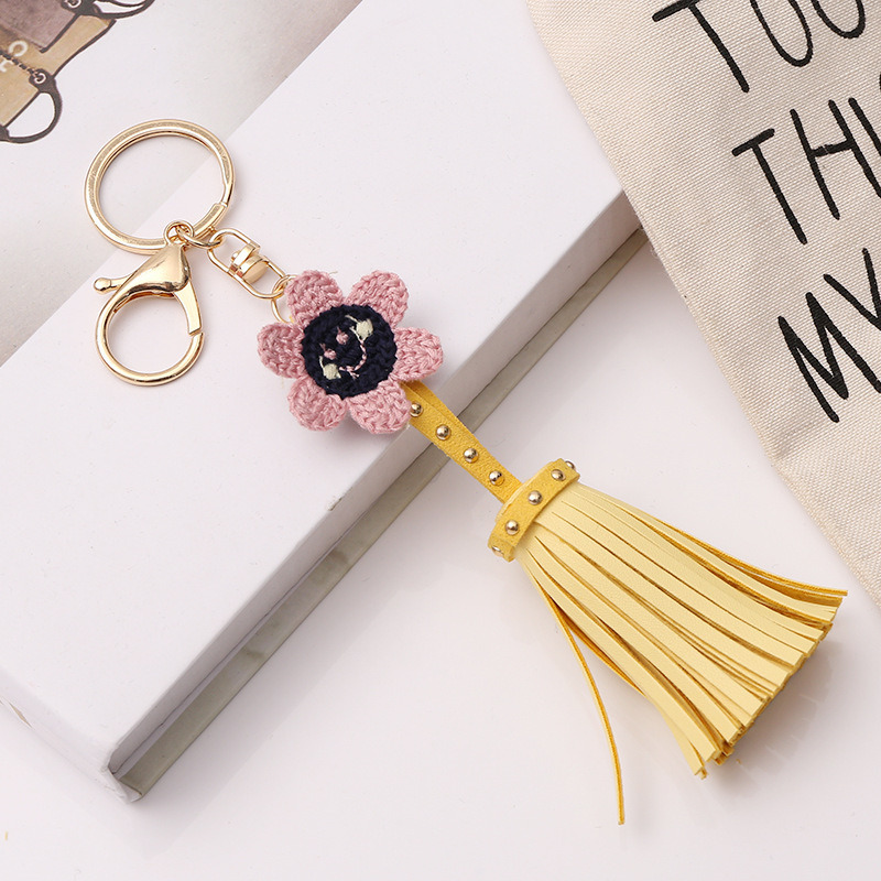 Yellow Tassel Flower Bag Pendant Keychain Leather Tassel Keychain