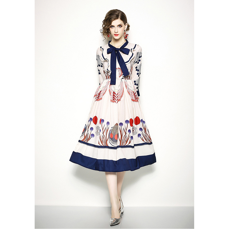 Fashion European Style Elastic Waist Printing Long Sleeve Dress