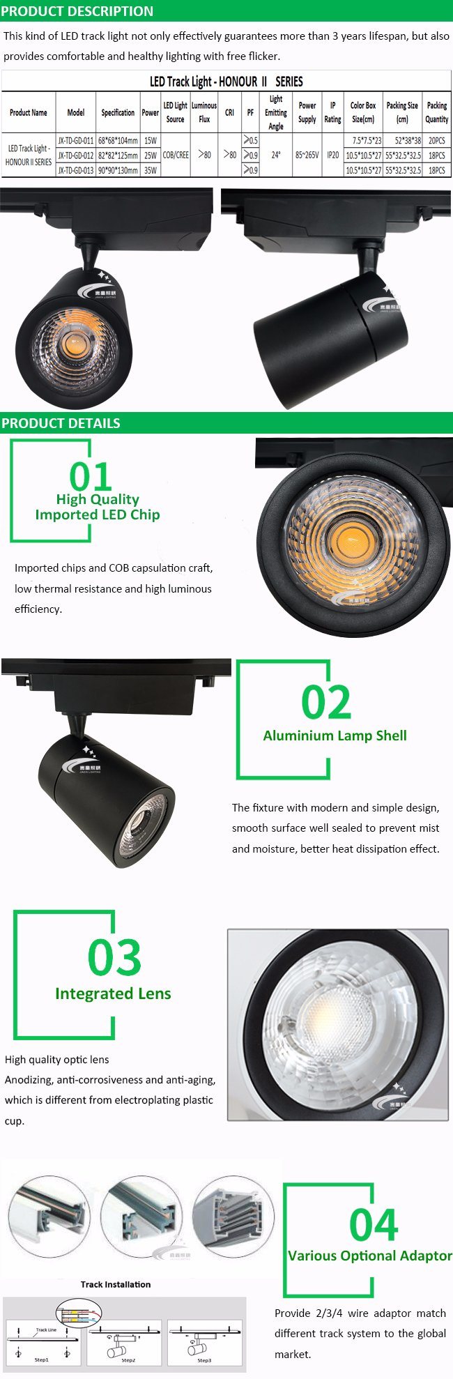 High Power COB 35W CRI90 LED Track Light with 15D 24D Angle Global 4 Wire Adapter Spot Light