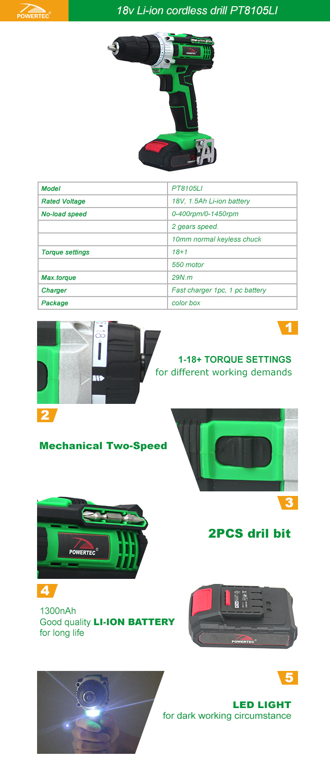 Powertec 29n. M Li-ion 18V Cordless Drill with LED Light