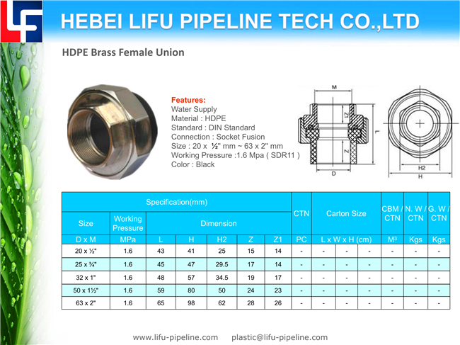 HDPE Brass Male Union for Water Supply SDR11