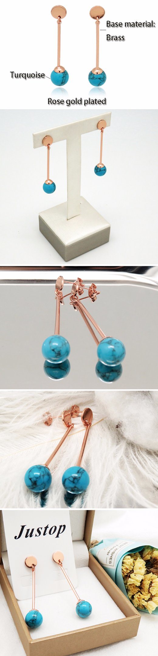 Handmade Women Fashion Long Turquoise Ball Drop Earrings