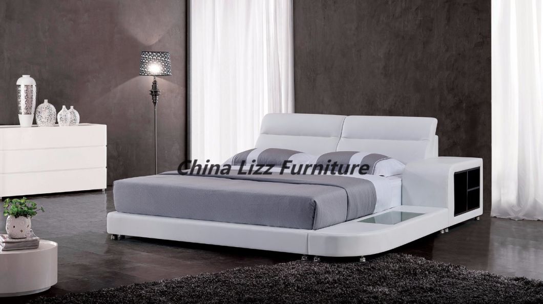 Chinese Supplier White Leather Doubel Bed with Storage