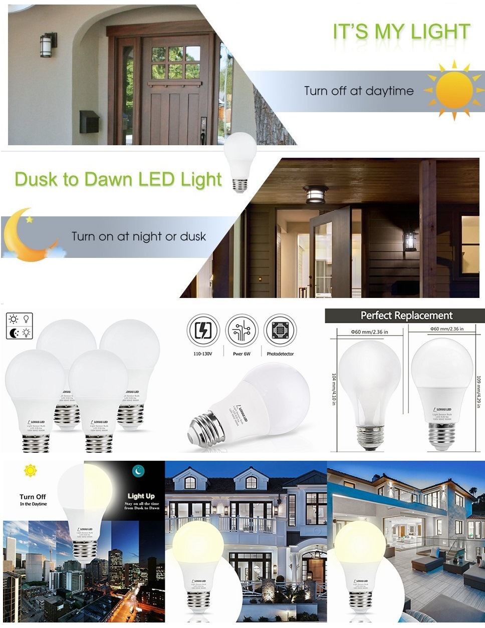 6W E26 Daylight 5000K LED Dawn to Dusk Sensor Light Bulb (Auto on/off) for Garage Hallway Garden Yard