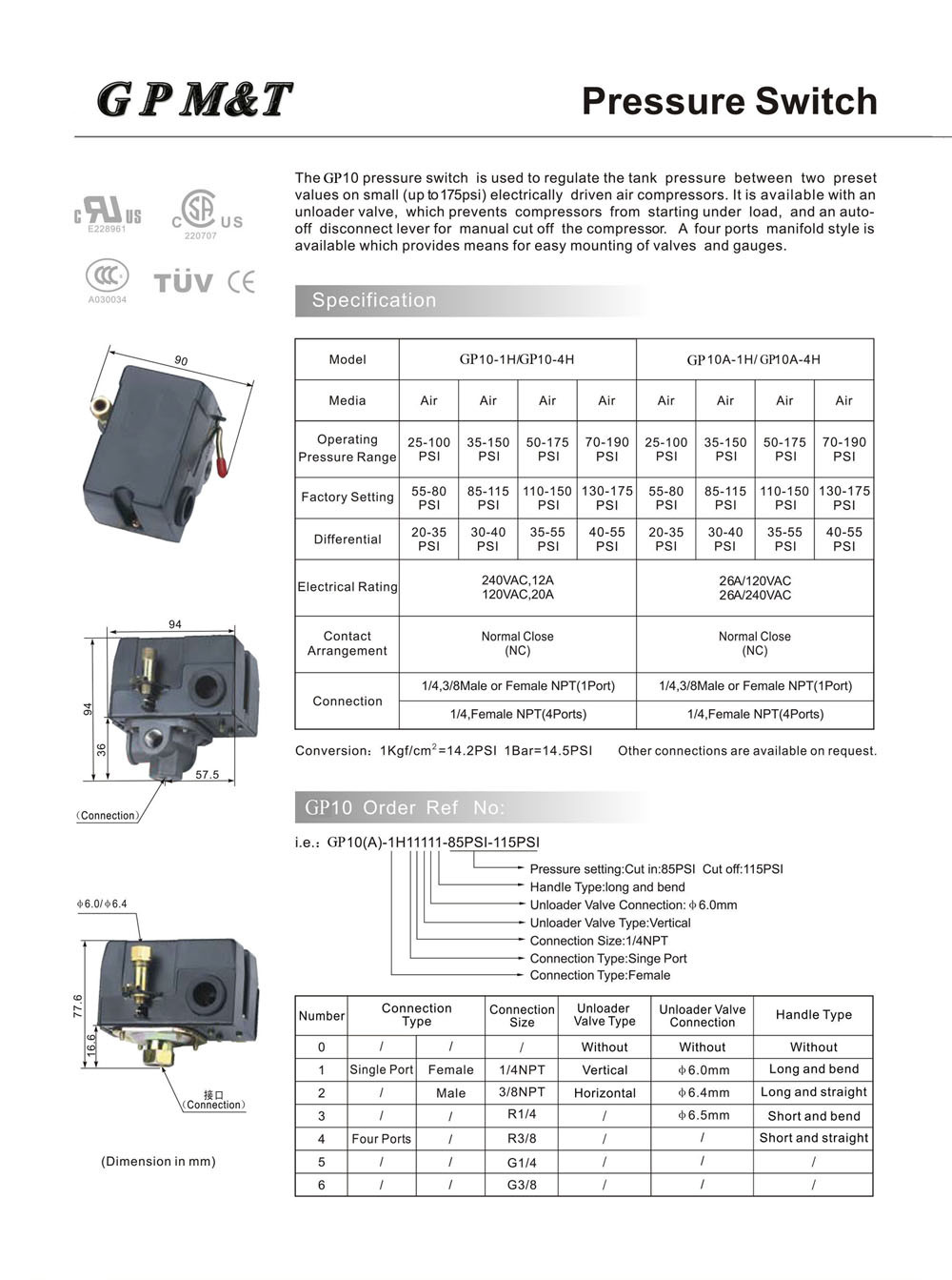 One/Four Way Air Compressor Pressure Control Switch
