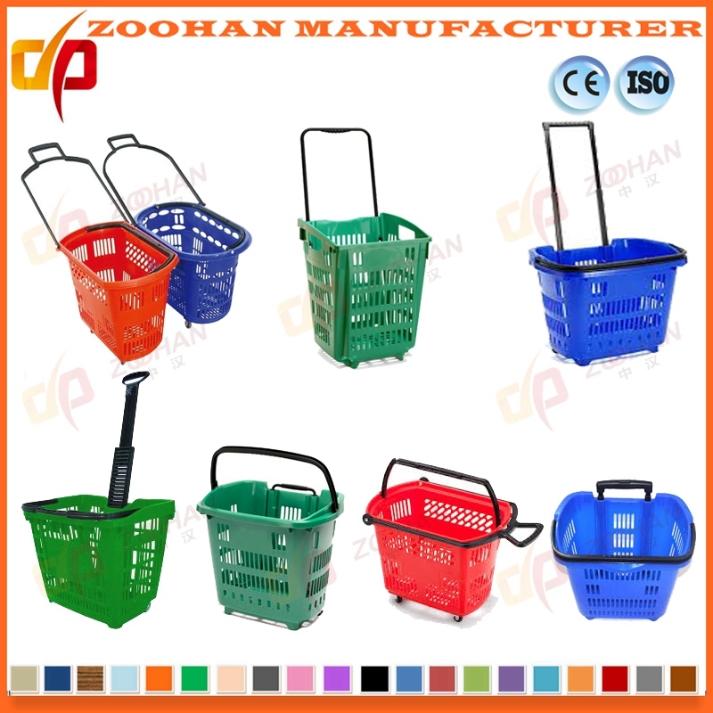 Customized Plastic Supermarket Shopping Portable Basket Cart with Wheels (Zhb97)