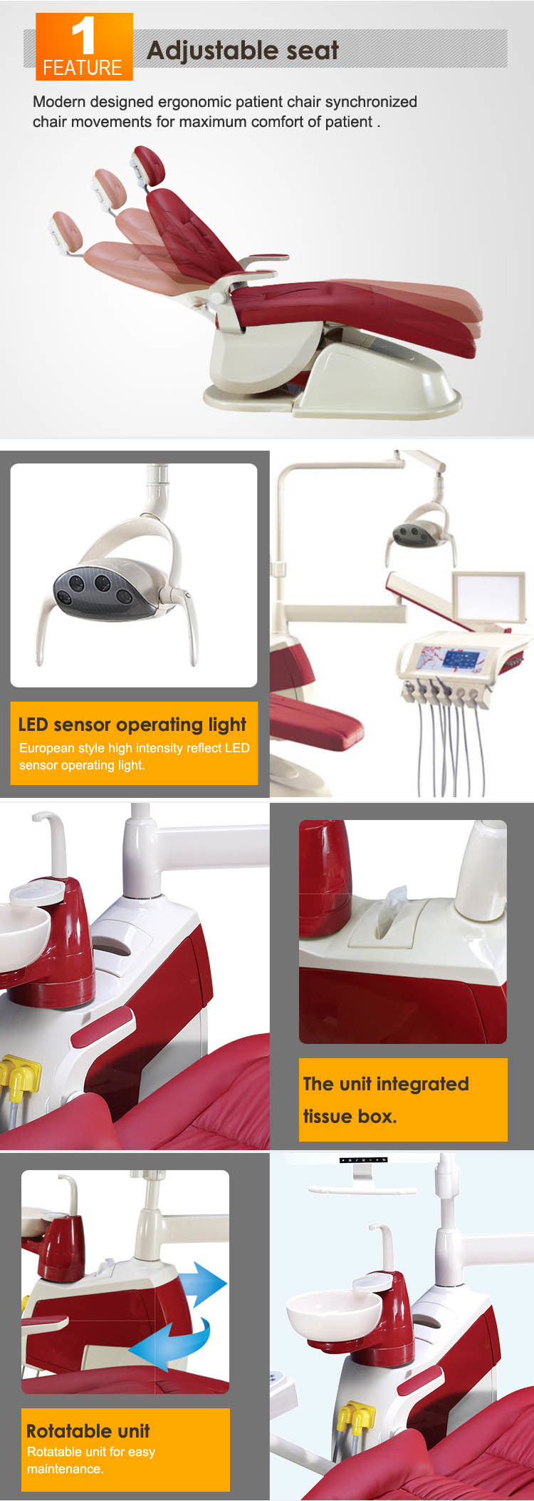 Hot Selling High Quality Ce & FDA Approved Real Leather Dental Chair with LED Sensor Light