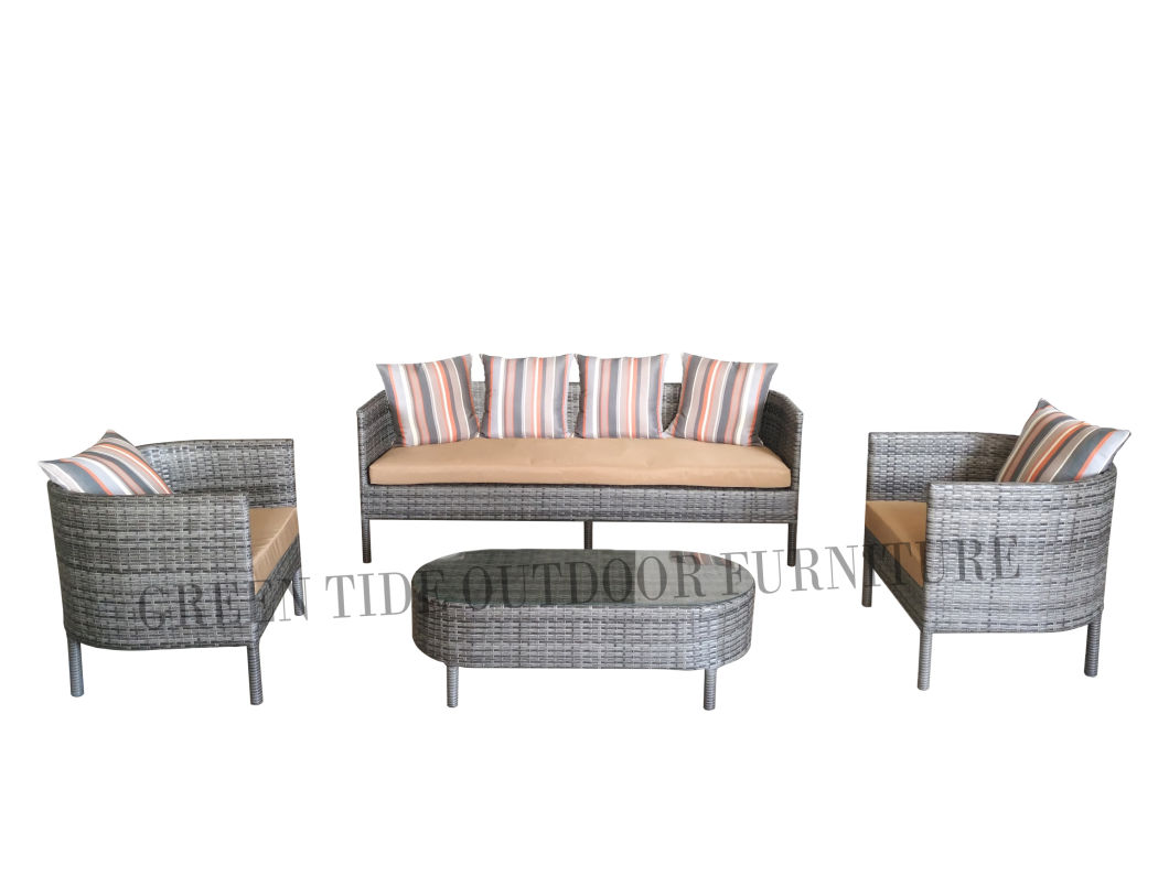 Outdoor Garden Furniture Rattan Wicker Sofa Set with Stripe Cushion