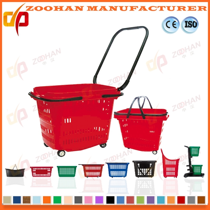 Customized Plastic Supermarket Shopping Portable Basket Cart with Wheels (Zhb97)