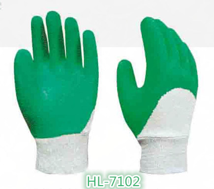 Cotton Jersey Latex Wave Crinkle Glove with Green Color