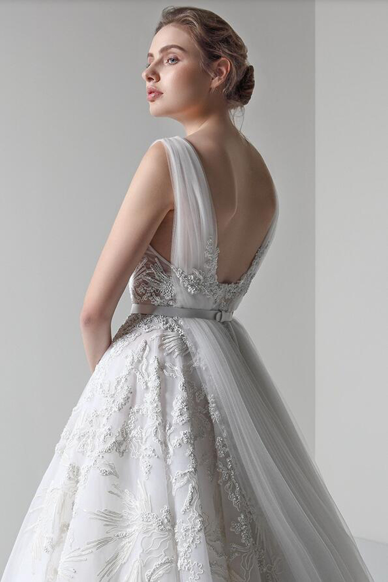 The Luxury Beading Deep V-Neck Wedding Dress with Sexy Open Back