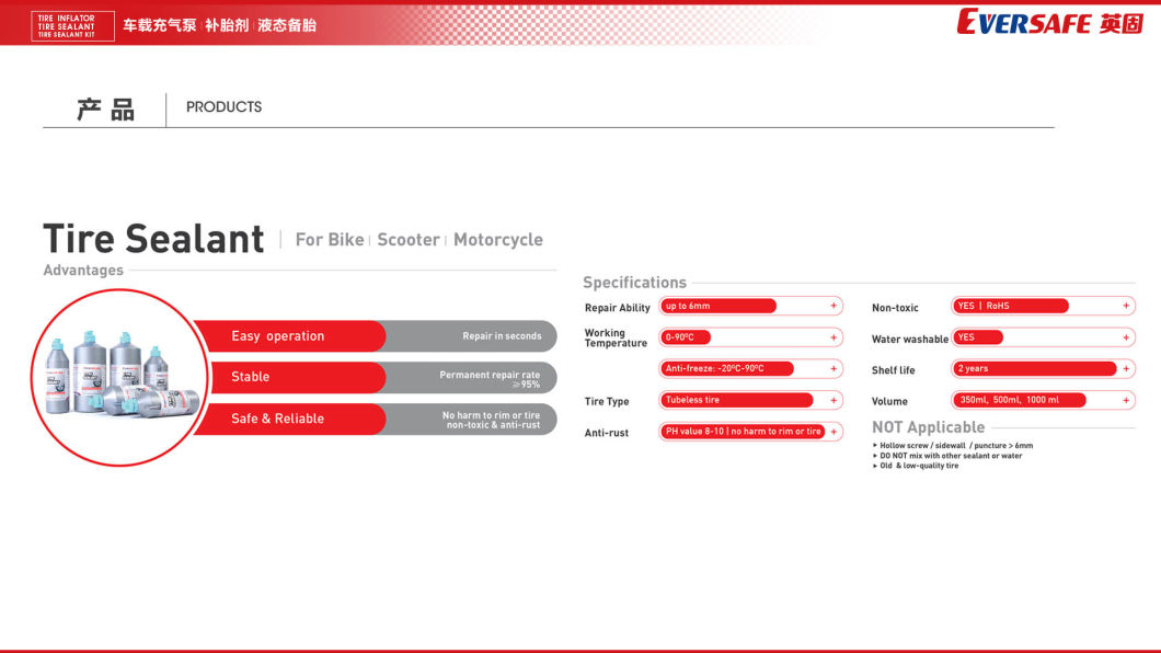 Eversafe Motorcycle Tire Sealant Repair Liquid for Anti Flat Tire