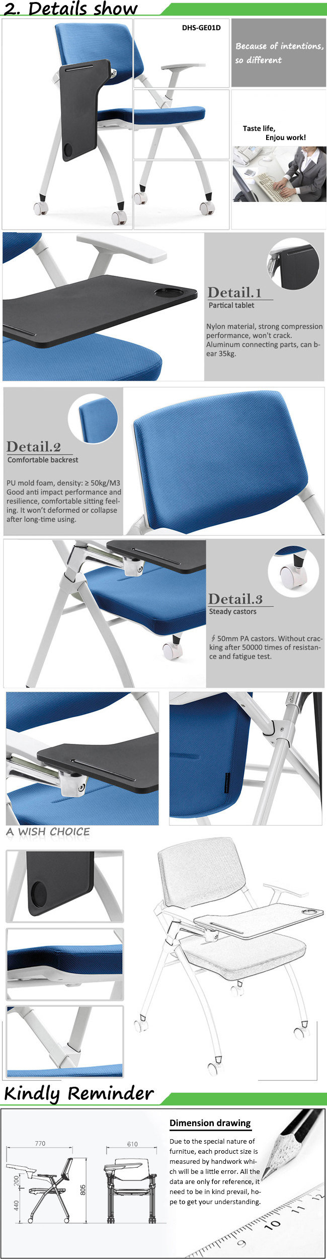 Folded Training Conference Chair with Tablet for School, Library, Lab or Office