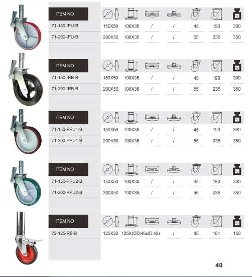 Scaffolding Caster with 6in 8in Black Rubber Mold-on Steel Wheel