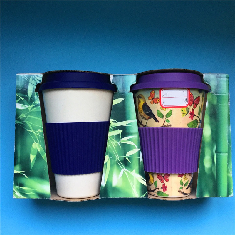 Bamboo Fiber Coffee Mug with Silicon Sleeve Eco Friendly Travel Coffee Cups with Silicon Lids