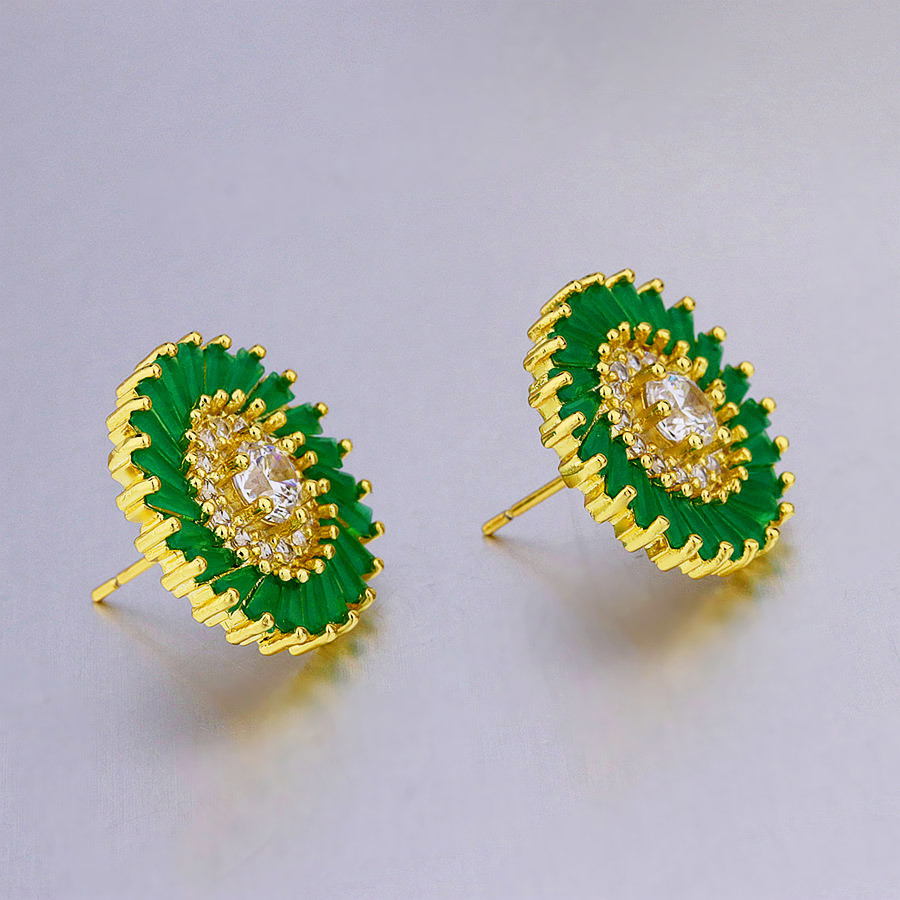 Turquoise Green Gemstone Stud Earring Round Design in Gold