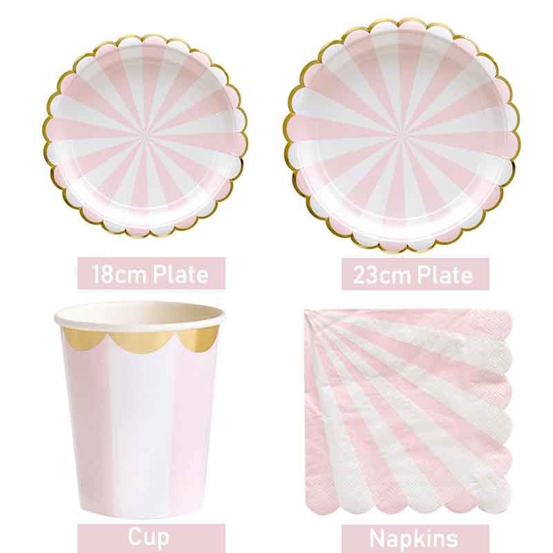 Pink White Gold Plate Cup Paper Napkin Straw Disposable Tableware Set for Wedding Kids Birthday Party Decoration Favors Supplies