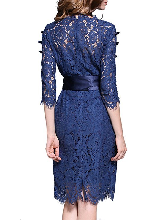 Women's Floral Lace Pierced Slim Bodycon Party Cocktail MIDI Pencil Dress