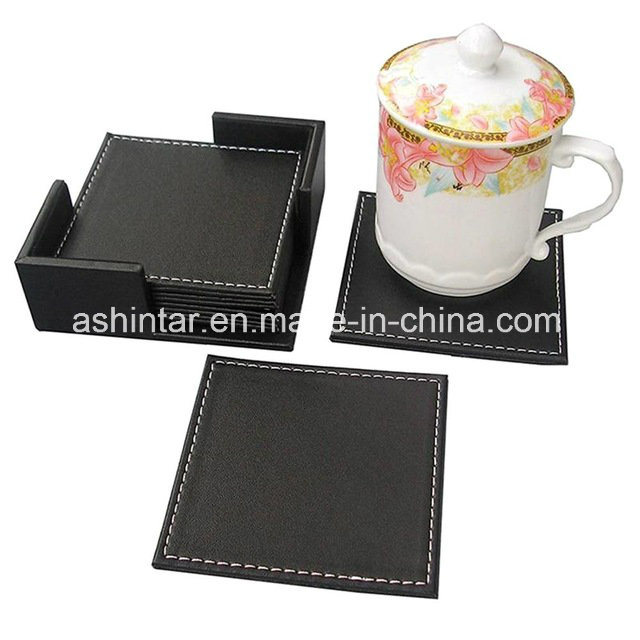 6PCS/Set Double-Deck Leather Coasters Set Placemat of Cup Coaster Holder Coffee Drink Placemat