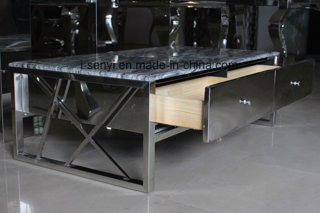 Modern Living Room Furniture Stainless Steel Frame with 4 Solid Wood Drawers Coffee Table