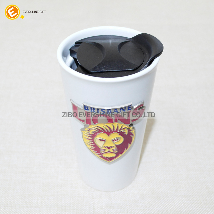 350ml Double Wall Ceramic Travel Mug with Metal Logo