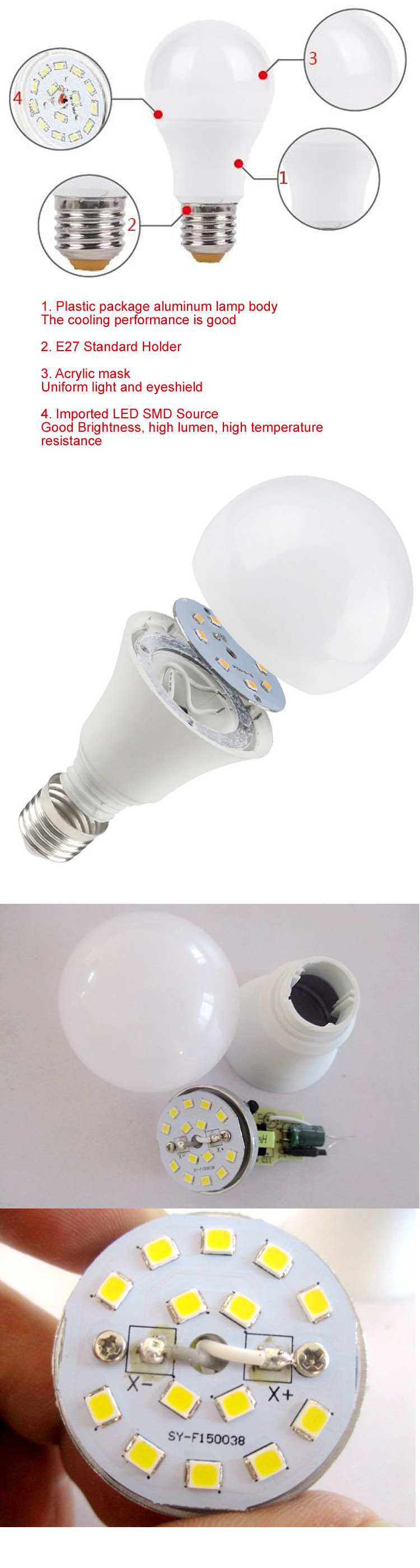 Quality LED Bulb Light 7W/9W/12W Aluminum PBT Plastic Regular Bulb