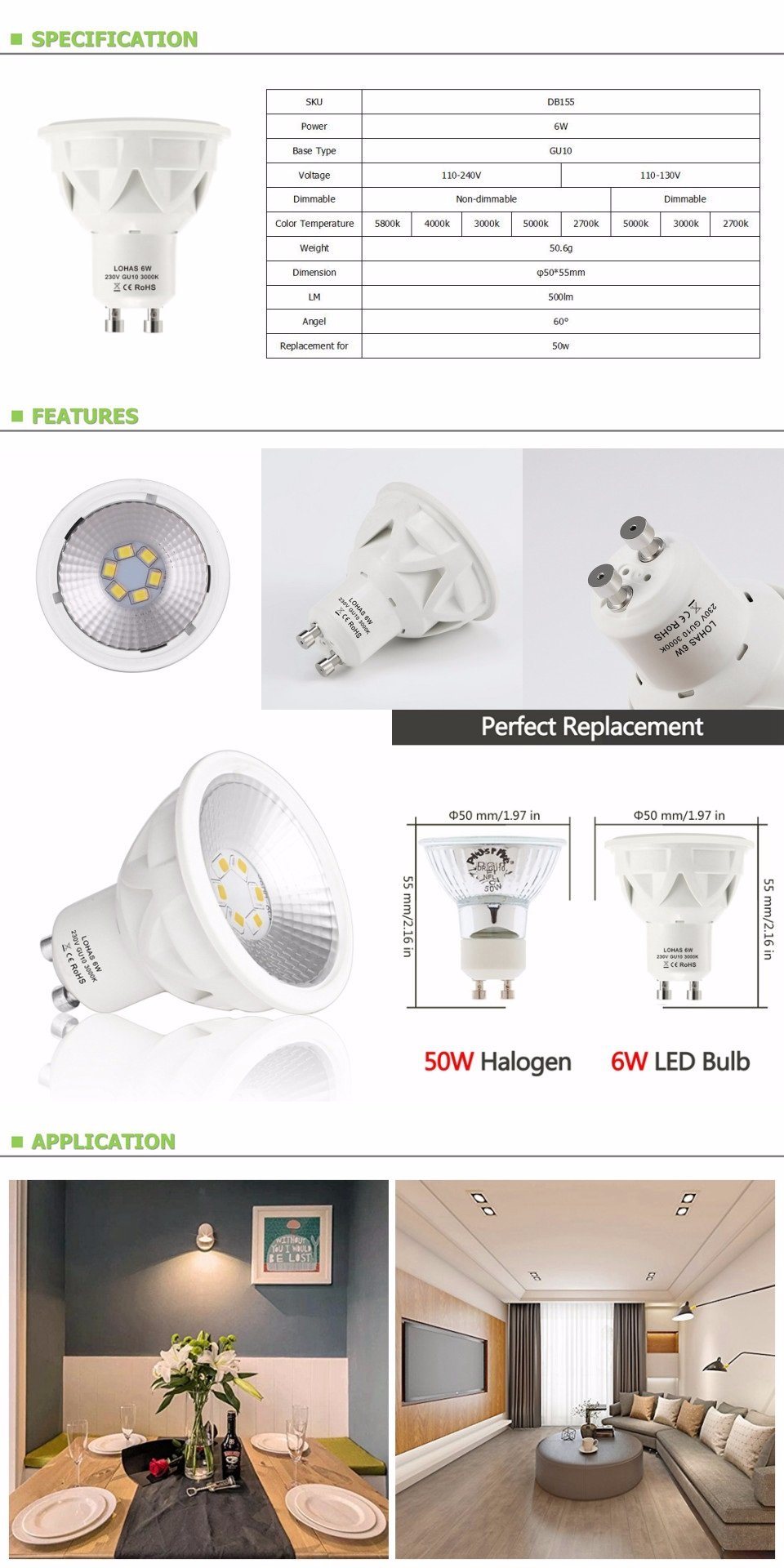 Power Saving 6W GU10 Dimmable LED Spotlight Bulb Lamp