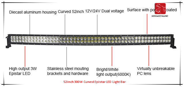 LED Car Light of 52inch 300W Curved Epistar LED Light Bar Waterproof for SUV Car LED off Road Light and LED Driving Light