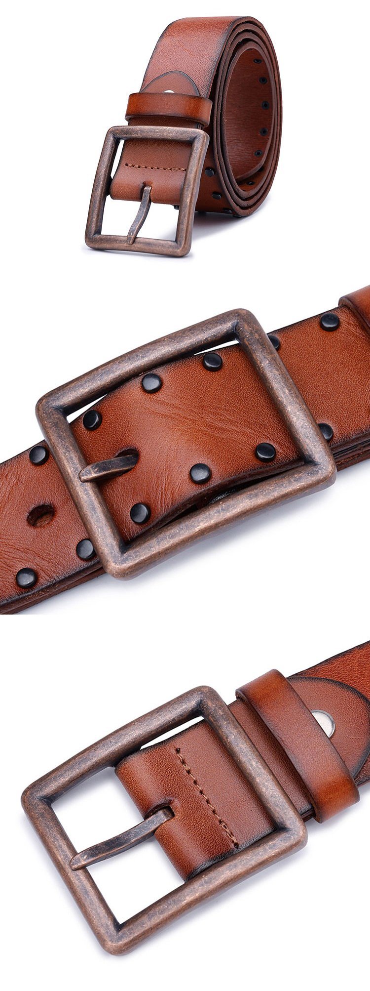 2017 Fashion Design Mens Vintage Rivets Brown Leather Belts